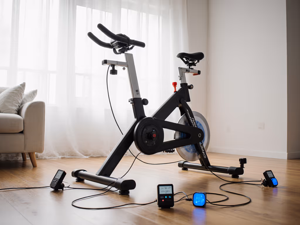 exercise bike noise testing setup on apartment floor
